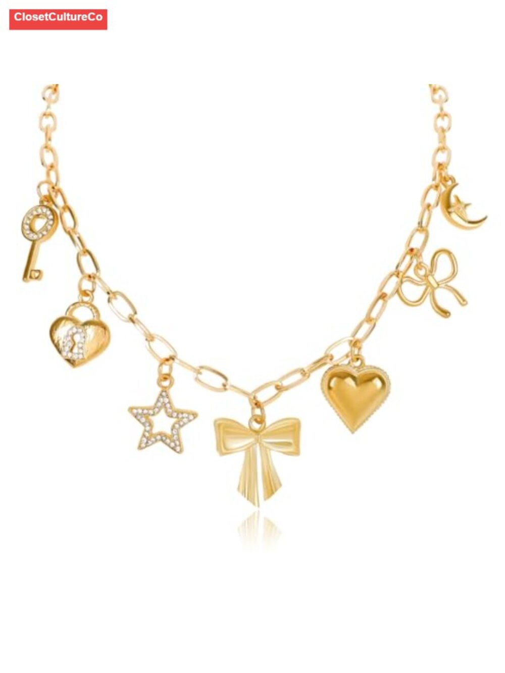 Gold Plated Bow Charm Necklace Paperclip Chain Pendant for Women